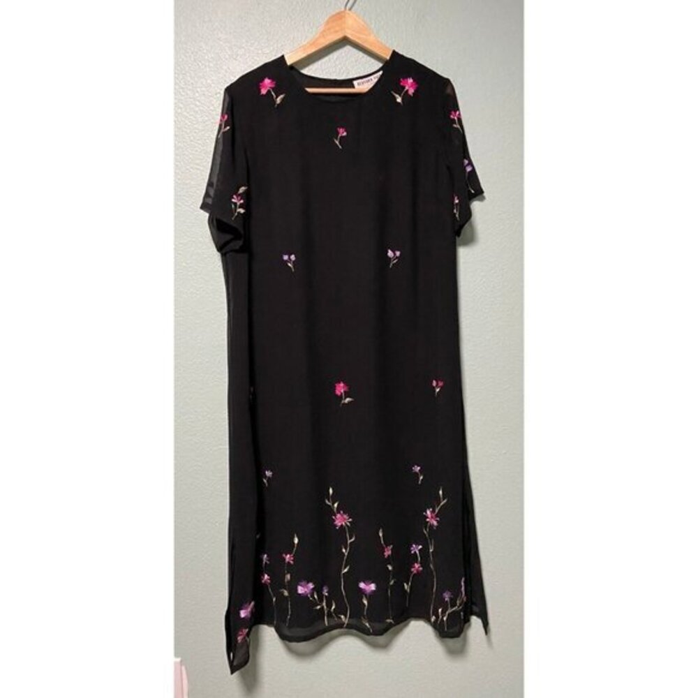 Vintage Bedford Fair Women’s Black Flutter Sleeves Embroidered Floral Dress‎ XL